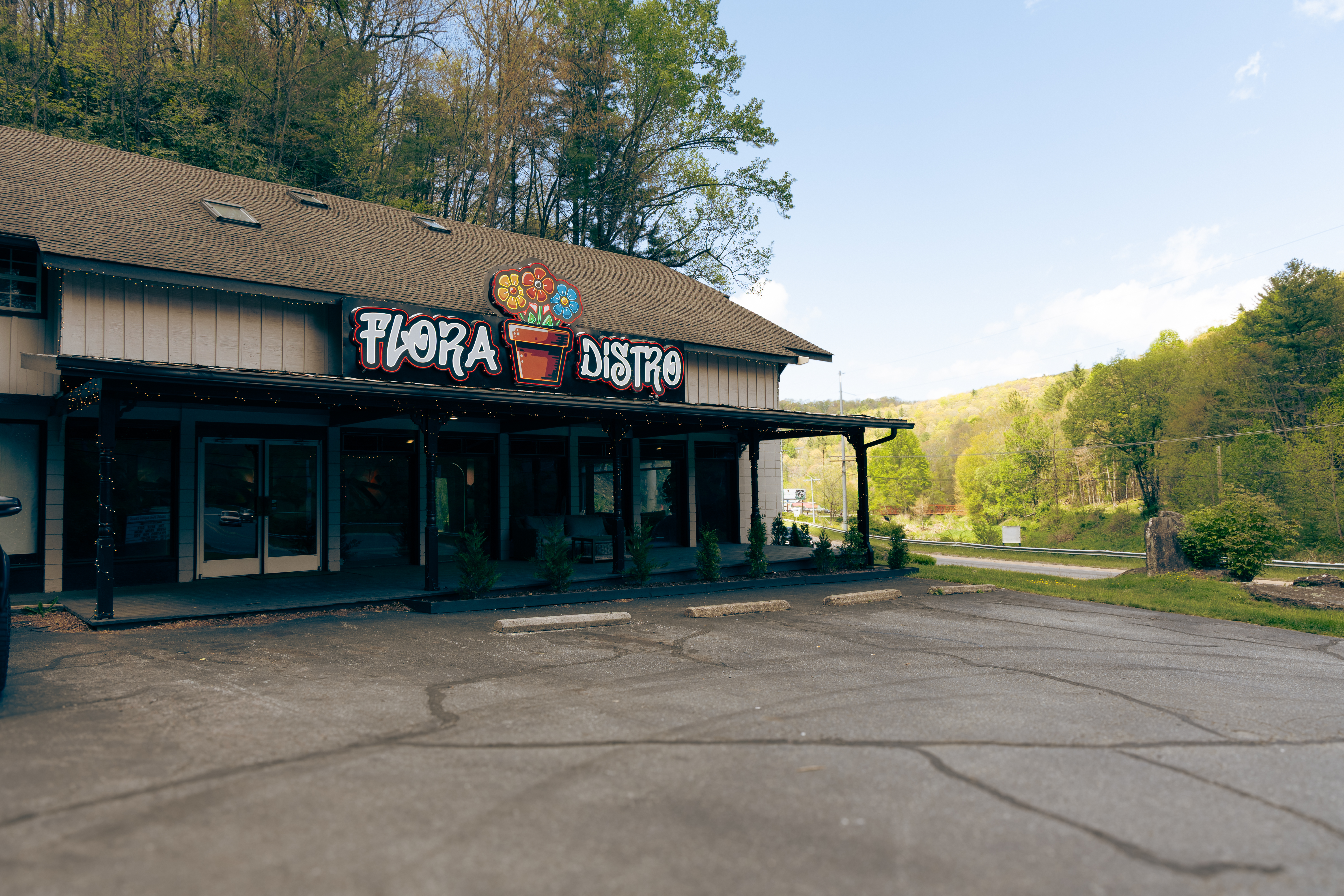 Wide shot of storefront and parking