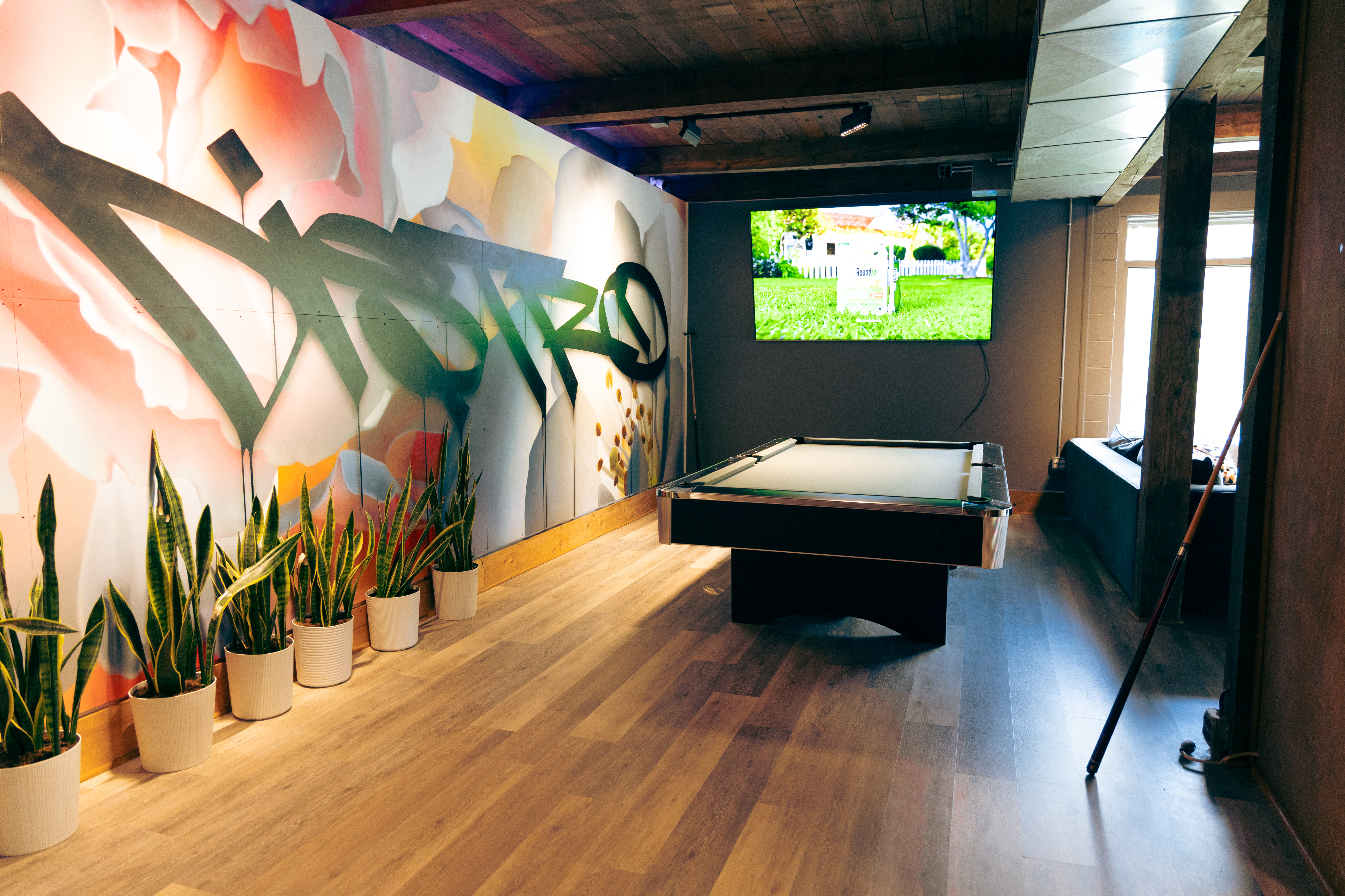 Pool table area with mural and plants