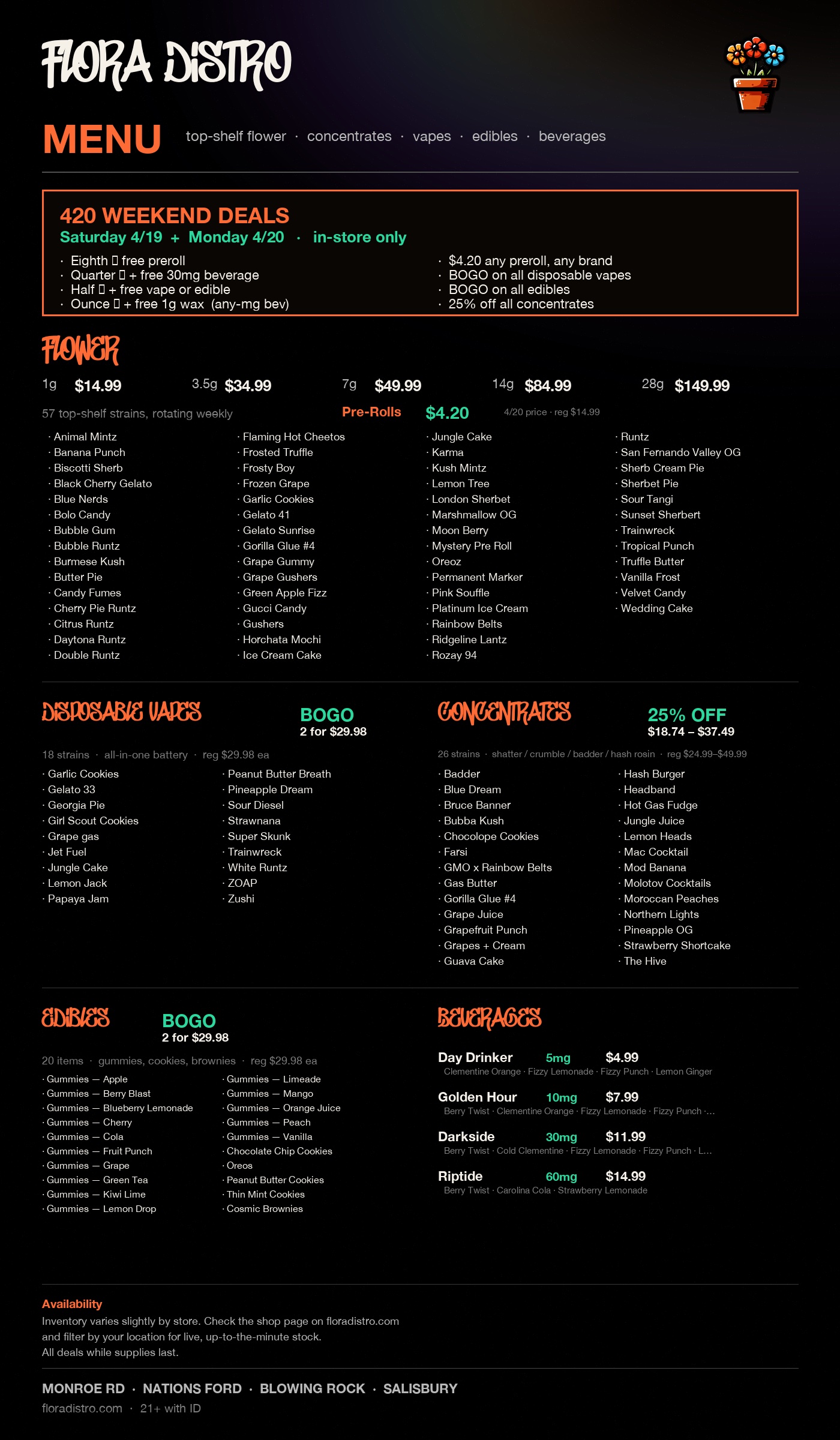 Flora Distro full menu with 4/20 weekend pricing