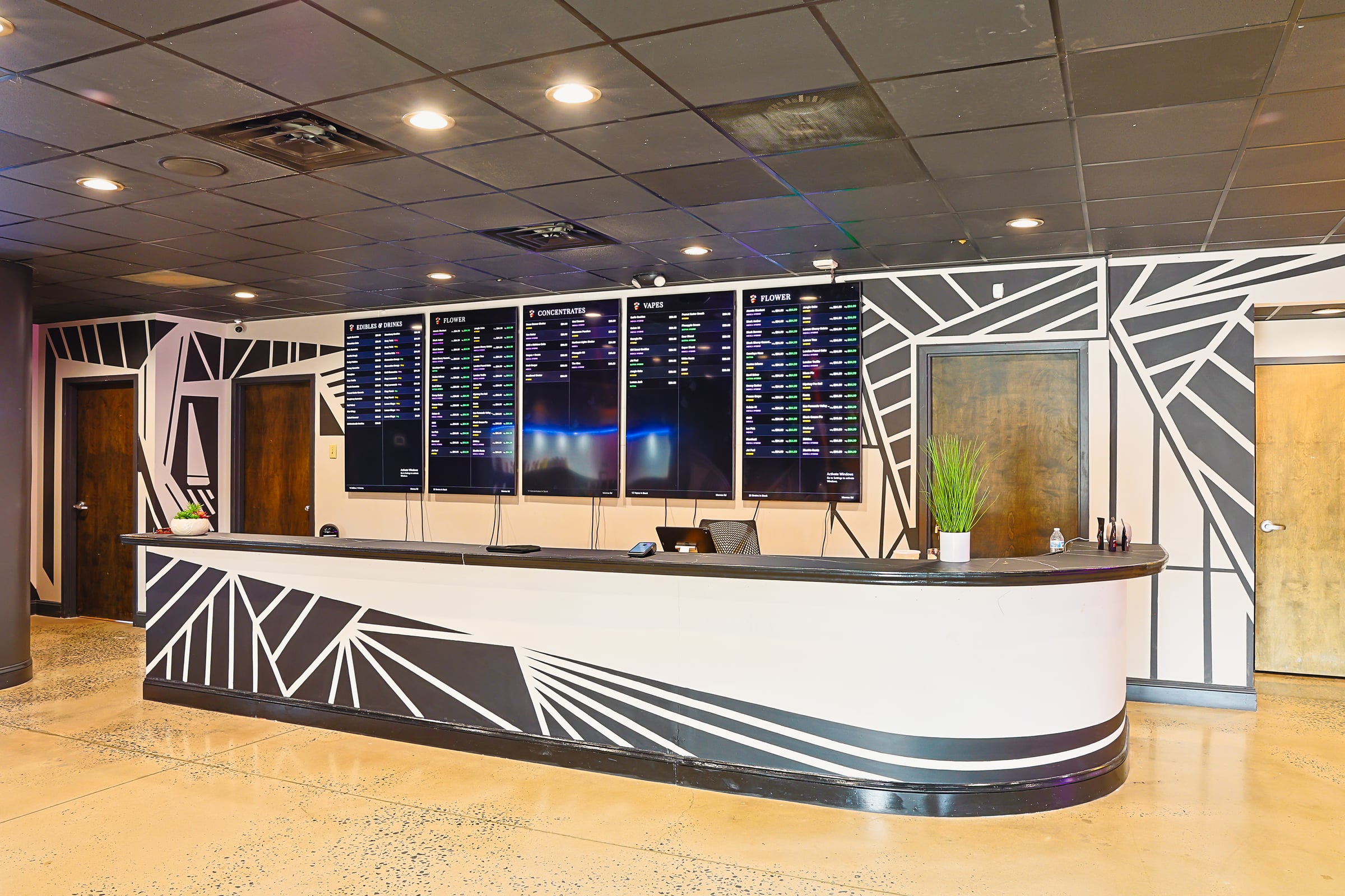 Counter with geometric design and menu boards