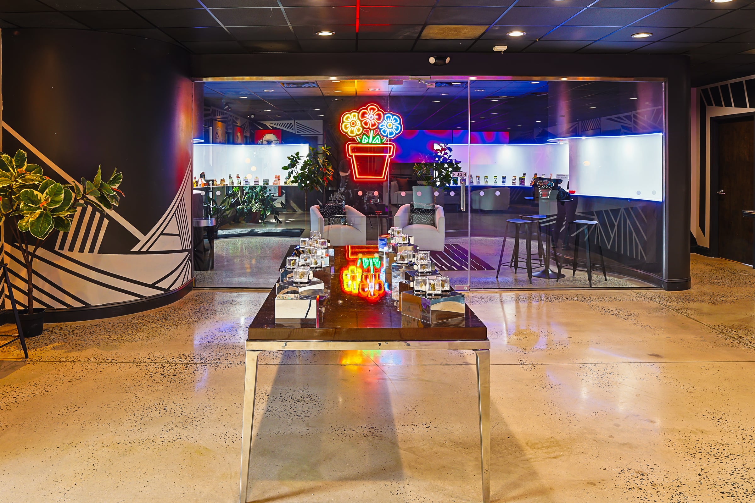 Glass partition with neon flower display