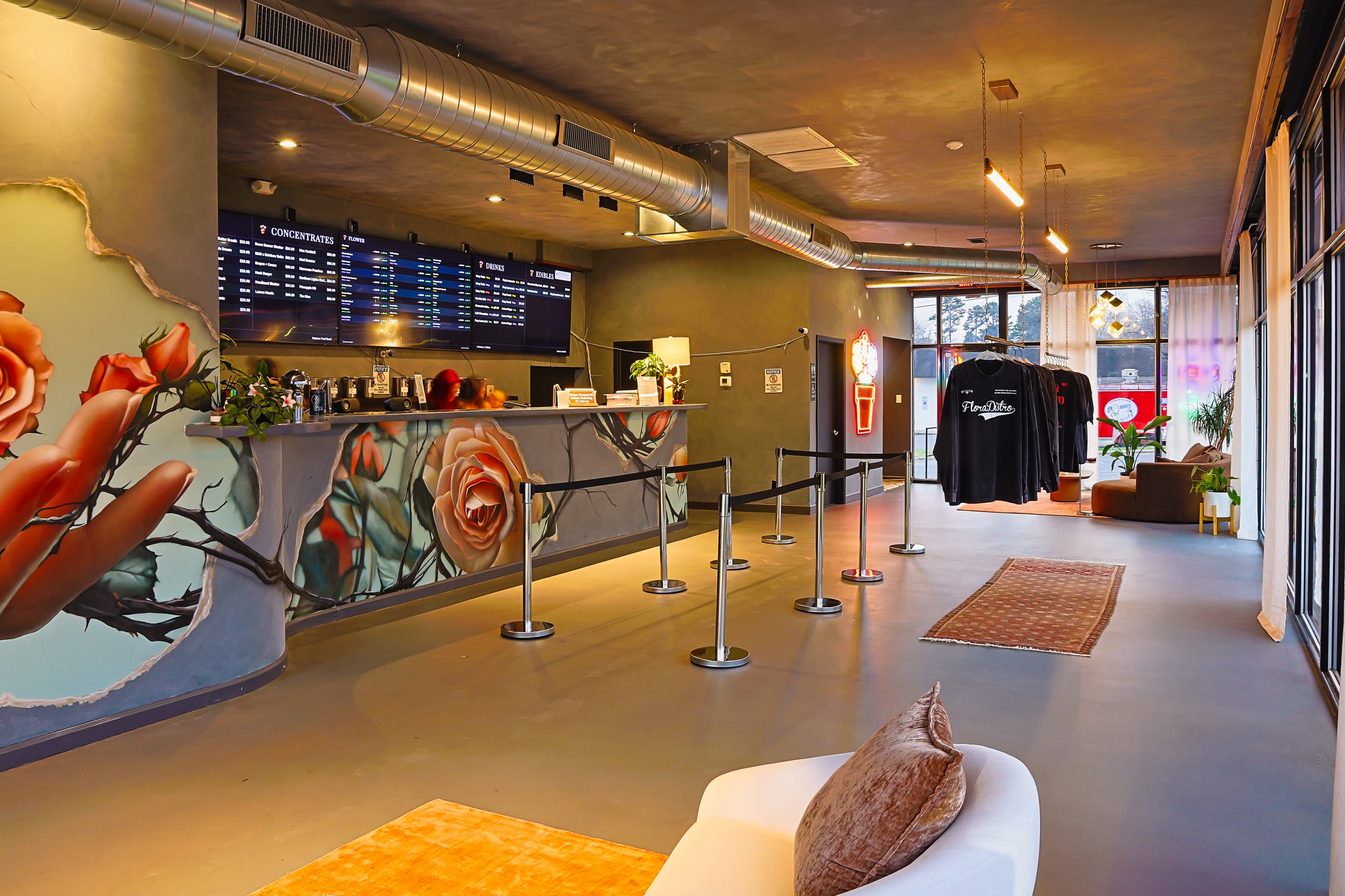 Counter with rose mural and stanchions
