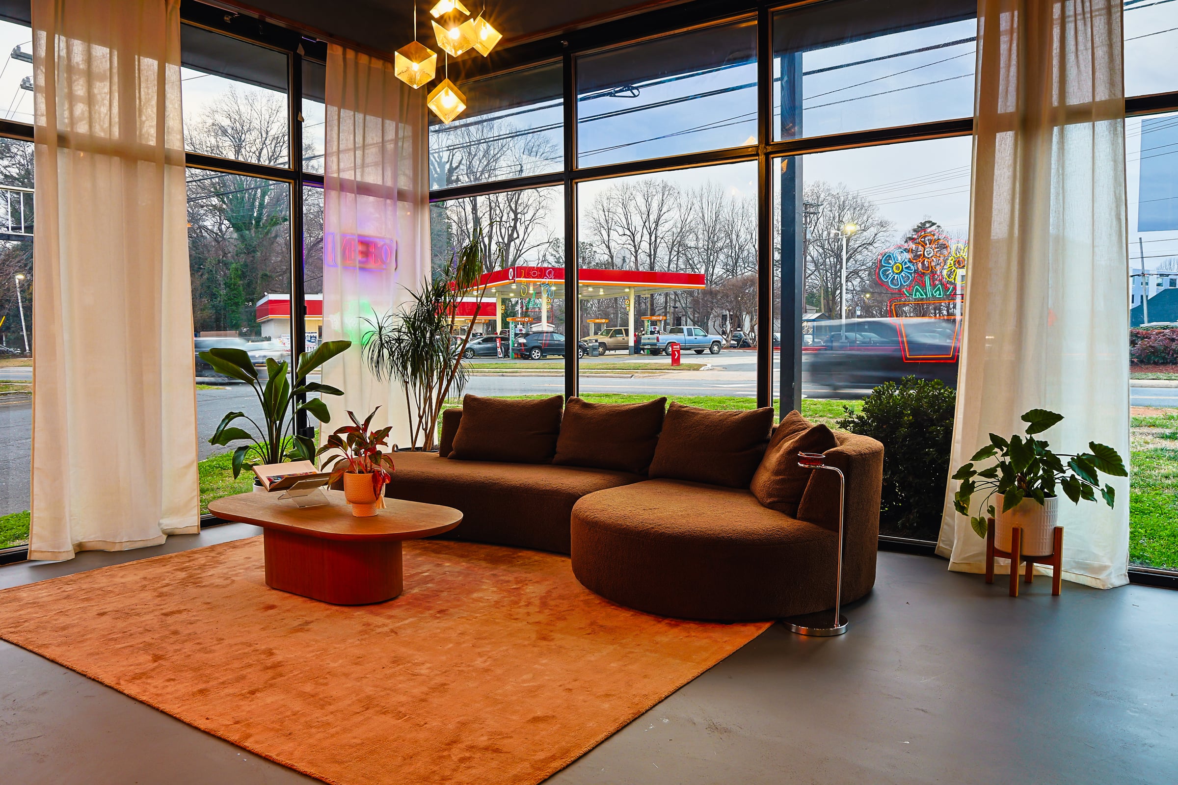 Sofa with plants and neon through window