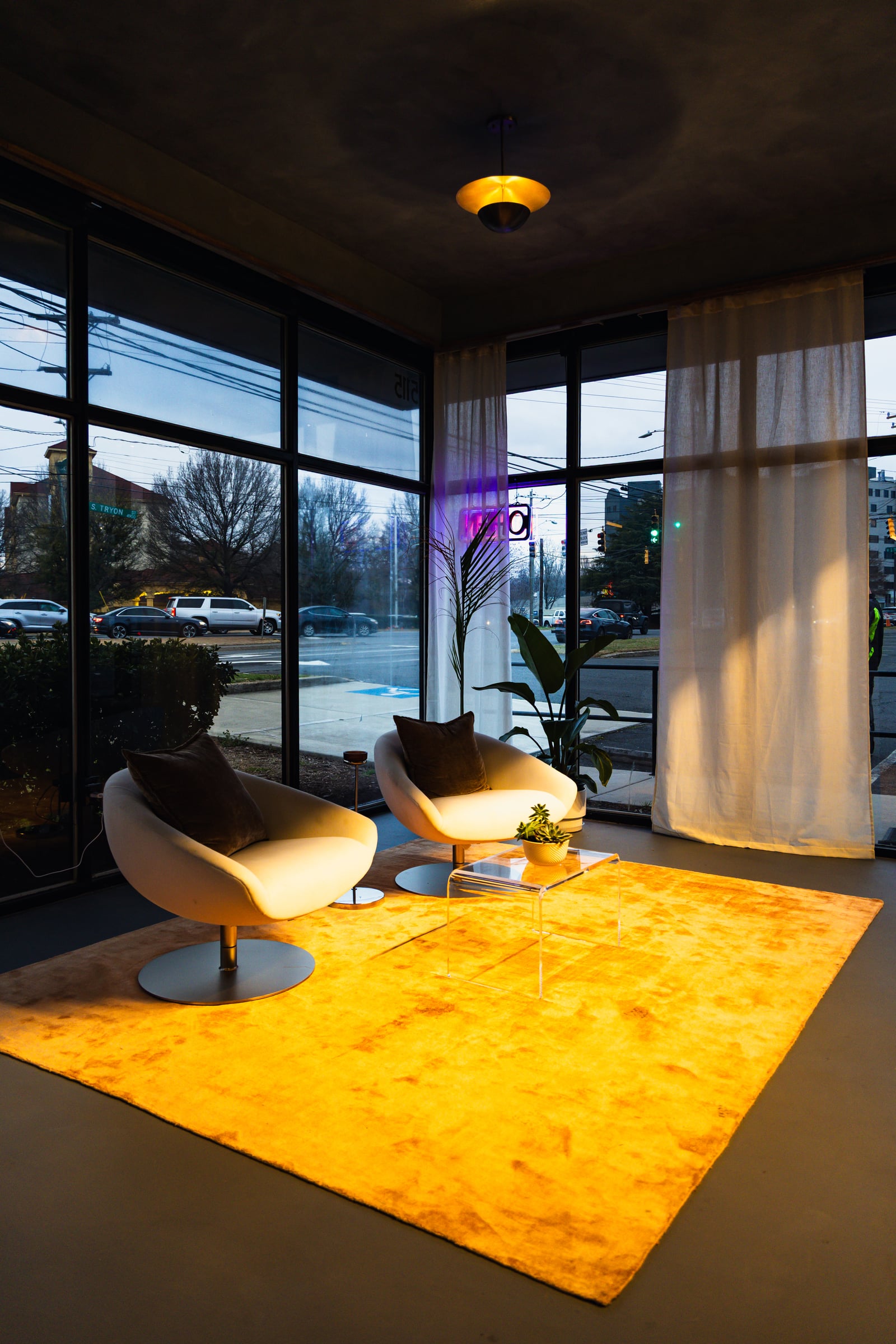Warm dusk light through lounge
