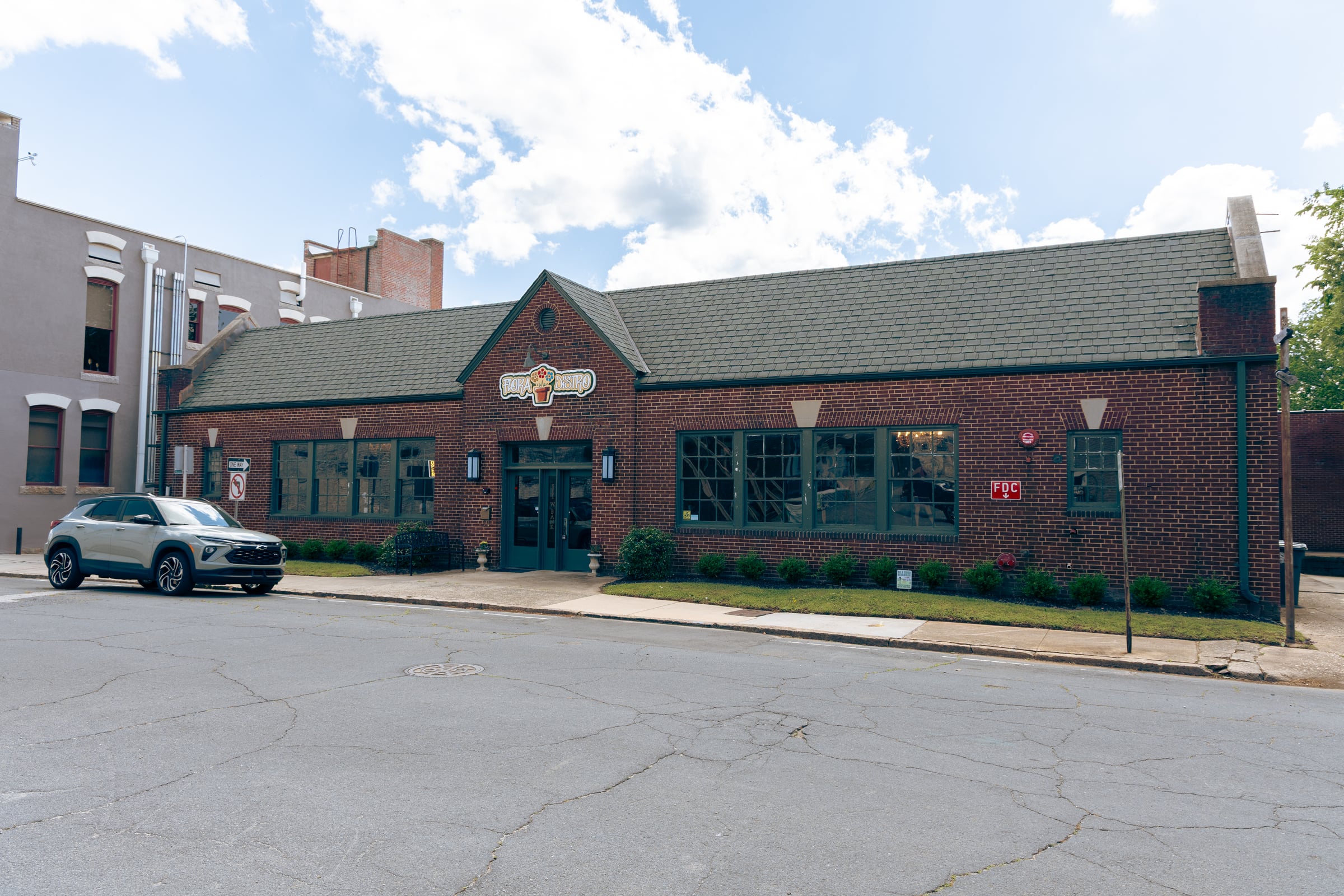 Historic brick corner building from the street